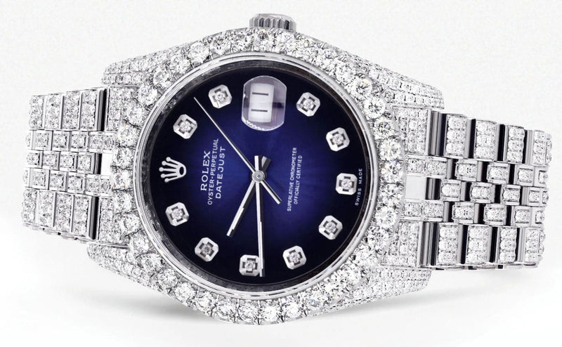 Iced Out Rolex Datejust 36 MM | Stainless Steel | 16.5 Carats of Diamonds | Blue Black Diamond Dial | Jubilee Band | Model 116200