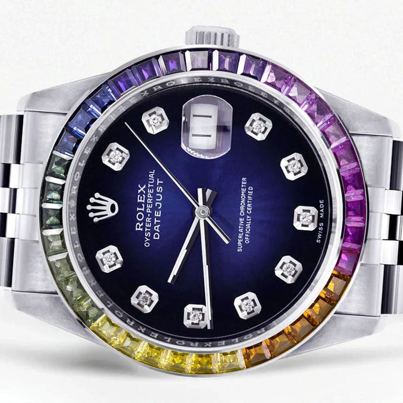 Diamond Gold Rolex Watch For Men 16200 | 36Mm | Rainbow Sapphire Bezel | Blue Black Dial | Jubilee Band