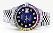 Diamond Gold Rolex Watch For Men 16200 | 36Mm | Rainbow Sapphire Bezel | Blue Black Dial | Jubilee Band