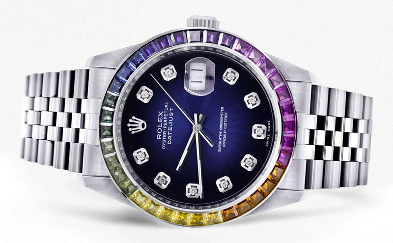 Diamond Gold Rolex Watch For Men 16200 | 36Mm | Rainbow Sapphire Bezel | Blue Black Dial | Jubilee Band