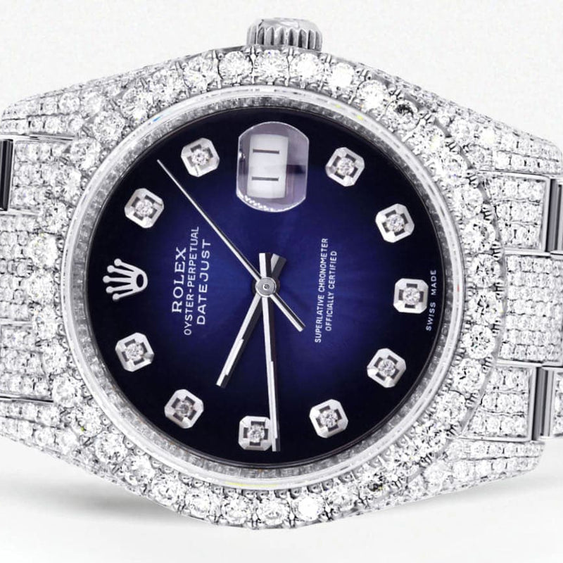 Iced Out Rolex Datejust 36 MM | Stainless Steel | 16.5 Carats of Diamonds | Blue Black Diamond Dial | Oyster Band | Model 116200