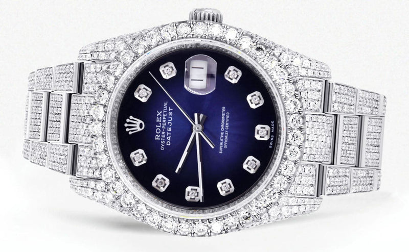 Iced Out Rolex Datejust 36 MM | Stainless Steel | 16.5 Carats of Diamonds | Blue Black Diamond Dial | Oyster Band | Model 116200