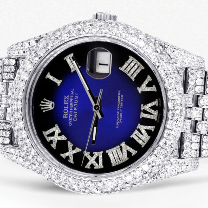 Womens Diamond Iced Out Rolex Datejust 41 | 25 Carats Of Diamonds | Custom Blue Black Roman Numeral Diamond Dial | Two Row | Jubilee Band