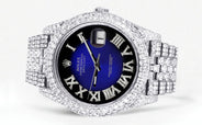 Womens Diamond Iced Out Rolex Datejust 41 | 25 Carats Of Diamonds | Custom Blue Black Roman Numeral Diamond Dial | Two Row | Jubilee Band