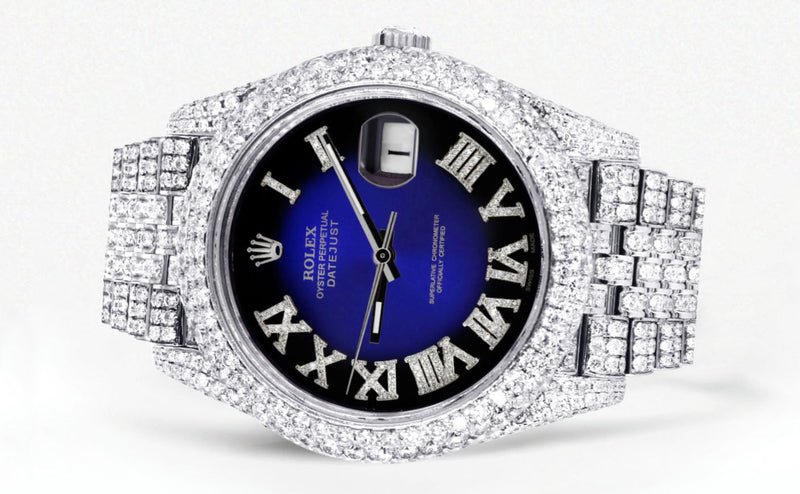 Womens Diamond Iced Out Rolex Datejust 41 | 25 Carats Of Diamonds | Custom Blue Black Roman Numeral Diamond Dial | Two Row | Jubilee Band