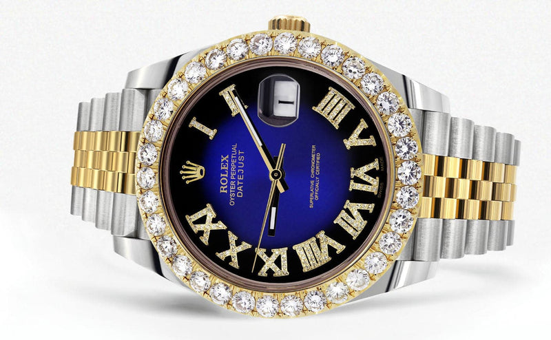 Rolex Datejust 41 Watch | 41 MM | 18K Yellow Gold & Stainless Steel | Custom Blue Black Roman Dial | Jubilee Band