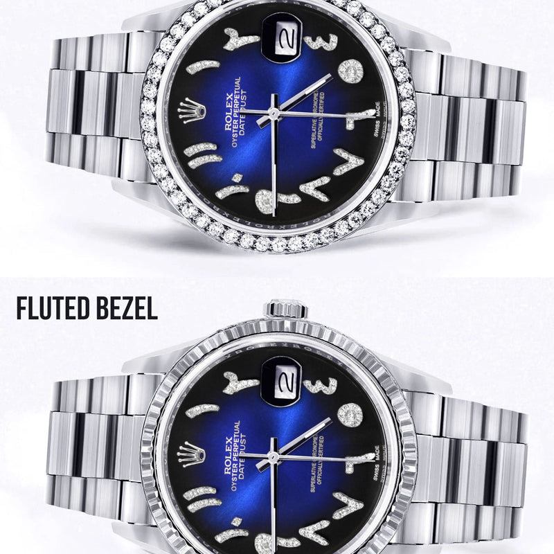 Diamond Mens  Rolex Datejust Watch 16200 | 36Mm | Blue Black Arabic Diamond Dial | Oyster Band
