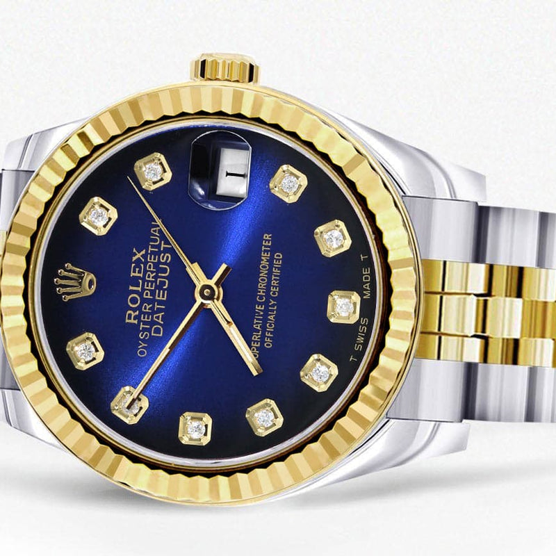 Diamond Gold Rolex Watch | 68273 | Fluted Bezel | 31MM | Blue Black Diamond Dial | Jubilee Band