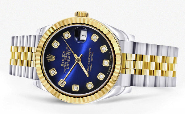 Diamond Gold Rolex Watch | 68273 | Fluted Bezel | 31MM | Blue Black Diamond Dial | Jubilee Band