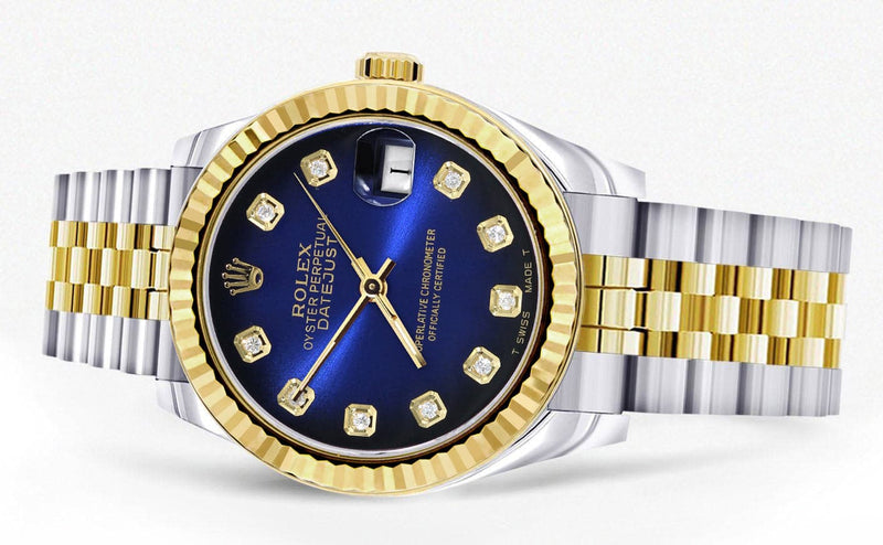 Diamond Gold Rolex Watch | 68273 | Fluted Bezel | 31MM | Blue Black Diamond Dial | Jubilee Band