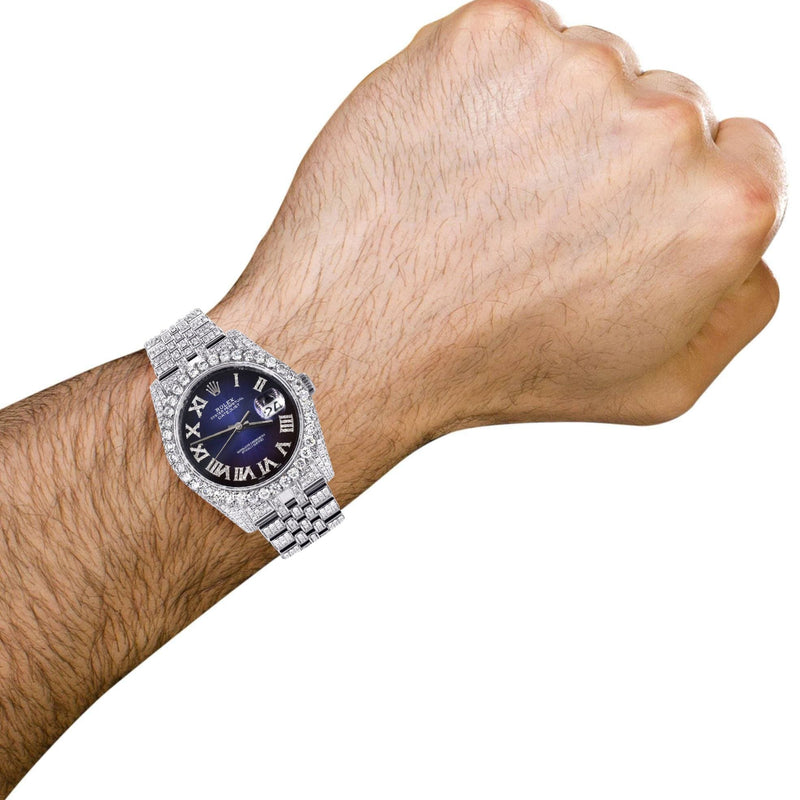 Iced Out Rolex Datejust 36 MM | Stainless Steel | 16.5 Carats of Diamonds | Blue Black Roman Diamond Dial | Jubilee Band