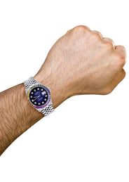 Diamond Gold Rolex Watch For Men 16200 | 36Mm | Rainbow Sapphire Bezel | Blue Black Dial | Jubilee Band