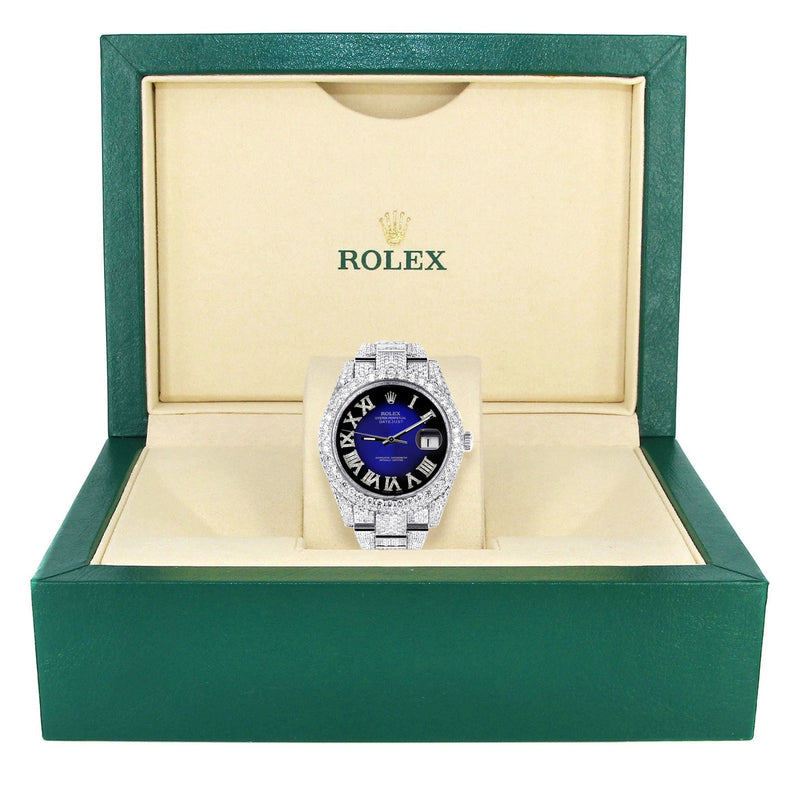 Womens Diamond Iced Out Rolex Datejust 41 | 25 Carats Of Diamonds | Custom Blue Black Roman Numeral Diamond Dial | Two Row | Oyster Band