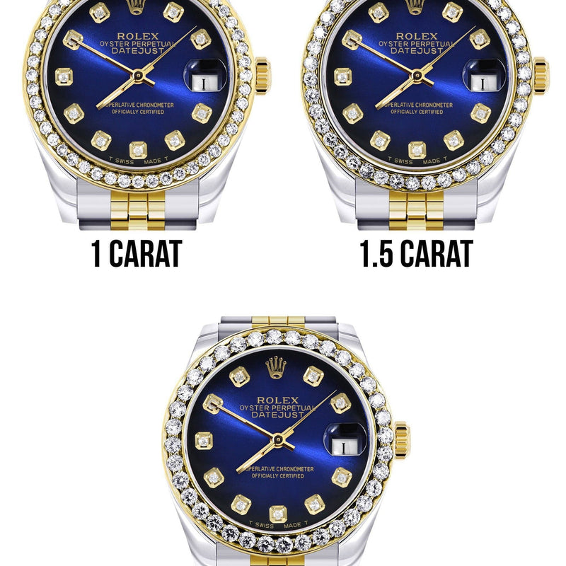 Diamond Gold Rolex Watch | 68273 |Diamond Bezel | 31MM | Blue Black Dial | Jubilee Band