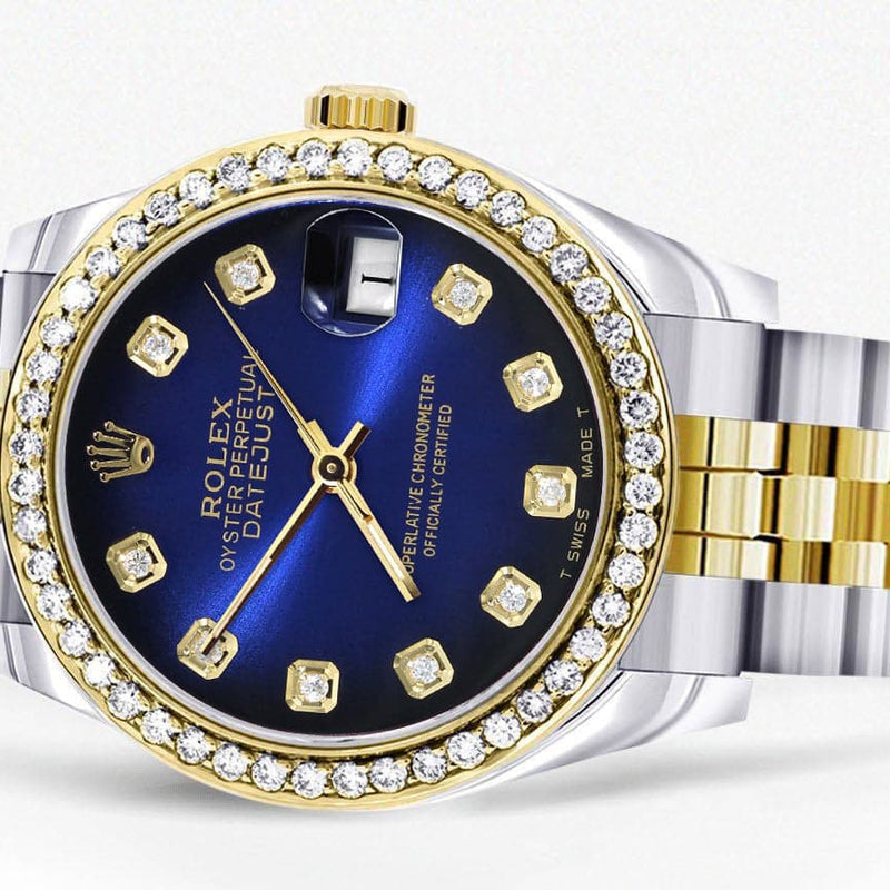 Diamond Gold Rolex Watch | 68273 |Diamond Bezel | 31MM | Blue Black Dial | Jubilee Band