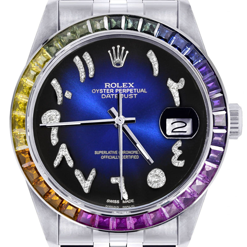 Diamond Gold Rolex Watch For Men 16200 | 36Mm | Rainbow Sapphire Bezel | Blue Black Arabic Numeral Dial | Jubilee Band