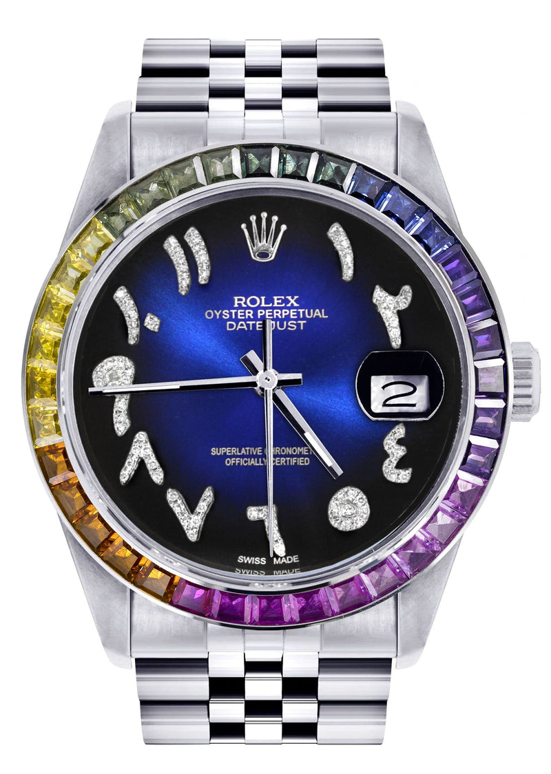 Diamond Gold Rolex Watch For Men 16200 | 36Mm | Rainbow Sapphire Bezel | Blue Black Arabic Numeral Dial | Jubilee Band