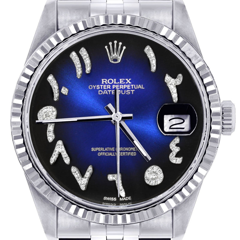 Womens Rolex Datejust Watch 16200 | Fluted Bezel | 36Mm | Blue Black Arabic Dial | Fluted Bezel | Jubilee Band