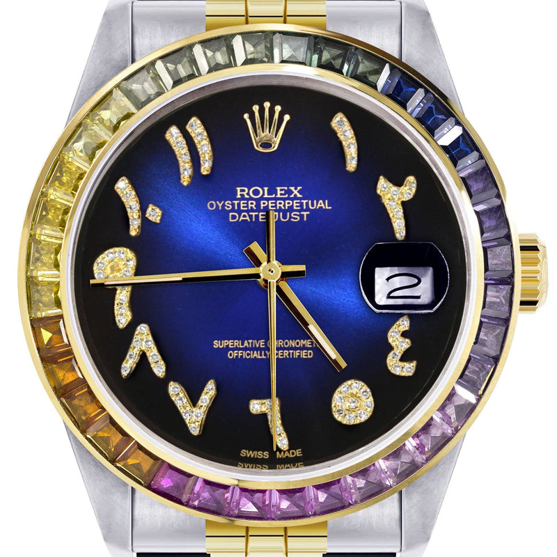 Diamond Gold Rolex Watch For Men 16233 | 36Mm | Rainbow Sapphire Bezel | Diamond Blue Black Arabic Numeral Dial | Jubilee Band