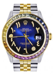 Diamond Gold Rolex Watch For Men 16233 | 36Mm | Rainbow Sapphire Bezel | Diamond Blue Black Arabic Numeral Dial | Jubilee Band