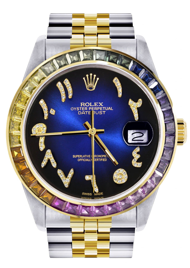 Diamond Gold Rolex Watch For Men 16233 | 36Mm | Rainbow Sapphire Bezel | Diamond Blue Black Arabic Numeral Dial | Jubilee Band