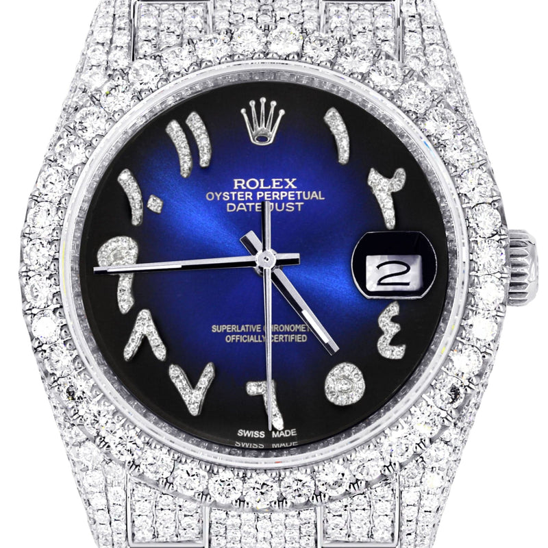 Iced Out Rolex Datejust 36 MM | Stainless Steel | 10 Carats of Diamonds | Blue Black Arabic Diamond Dial | Oyster Band