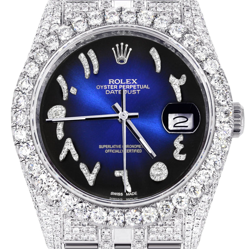 Iced Out Rolex Datejust 36 MM | Stainless Steel | 10 Carats of Diamonds | Blue Black Arabic Diamond Dial | Jubilee Band