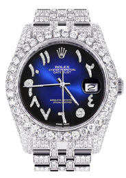 Iced Out Rolex Datejust 36 MM | Stainless Steel | 10 Carats of Diamonds | Blue Black Arabic Diamond Dial | Jubilee Band