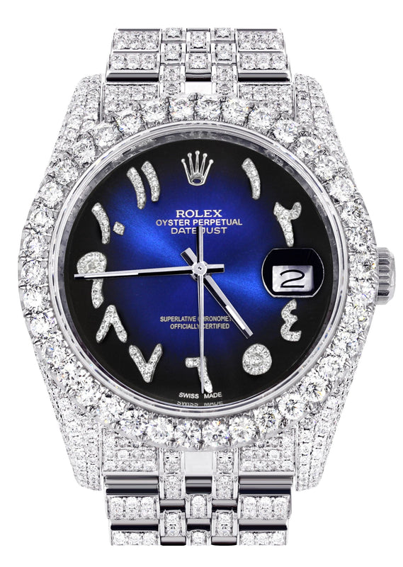 Iced Out Rolex Datejust 36 MM | Stainless Steel | 10 Carats of Diamonds | Blue Black Arabic Diamond Dial | Jubilee Band