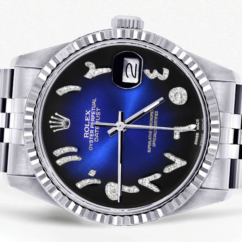 Womens Rolex Datejust Watch 16200 | Fluted Bezel | 36Mm | Blue Black Arabic Dial | Fluted Bezel | Jubilee Band