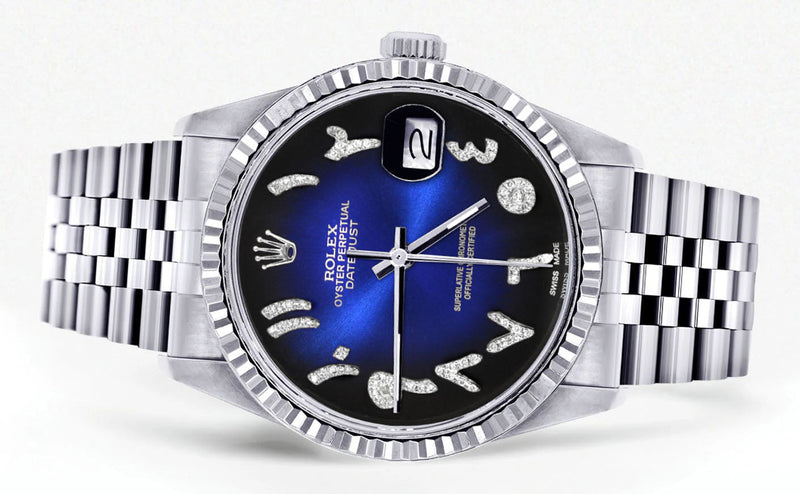 Womens Rolex Datejust Watch 16200 | Fluted Bezel | 36Mm | Blue Black Arabic Dial | Fluted Bezel | Jubilee Band