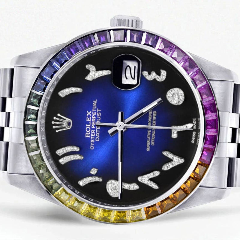 Diamond Gold Rolex Watch For Men 16200 | 36Mm | Rainbow Sapphire Bezel | Blue Black Arabic Numeral Dial | Jubilee Band