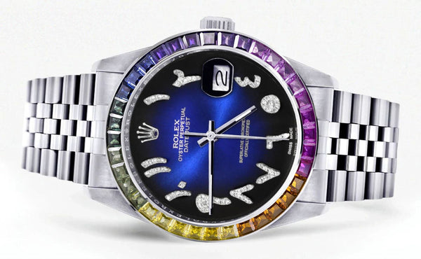 Diamond Gold Rolex Watch For Men 16200 | 36Mm | Rainbow Sapphire Bezel | Blue Black Arabic Numeral Dial | Jubilee Band