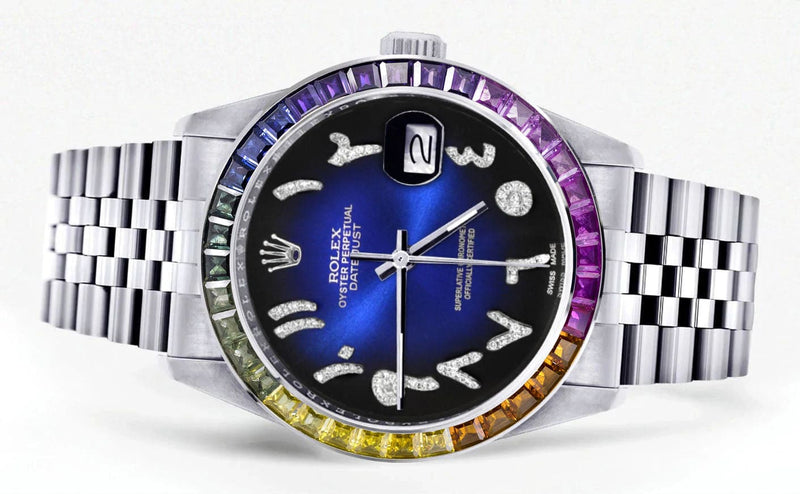 Diamond Gold Rolex Watch For Men 16200 | 36Mm | Rainbow Sapphire Bezel | Blue Black Arabic Numeral Dial | Jubilee Band