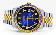 Diamond Gold Rolex Watch For Men 16233 | 36Mm | Rainbow Sapphire Bezel | Diamond Blue Black Arabic Numeral Dial | Jubilee Band