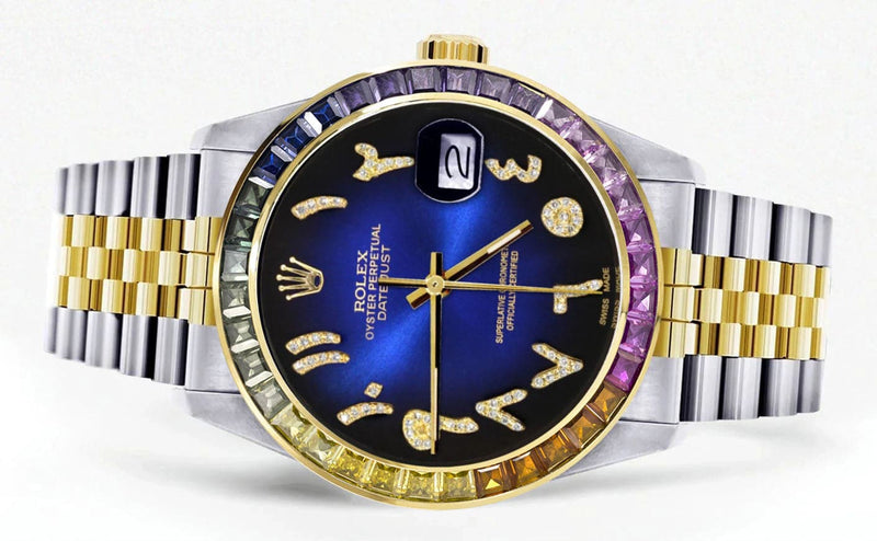 Diamond Gold Rolex Watch For Men 16233 | 36Mm | Rainbow Sapphire Bezel | Diamond Blue Black Arabic Numeral Dial | Jubilee Band