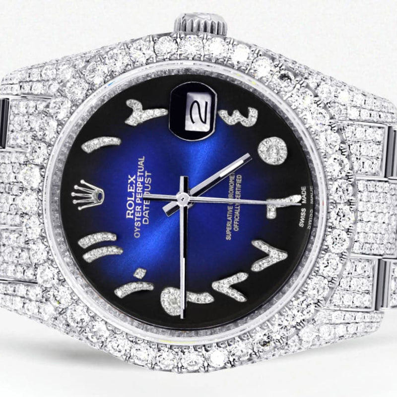 Iced Out Rolex Datejust 36 MM | Stainless Steel | 10 Carats of Diamonds | Blue Black Arabic Diamond Dial | Oyster Band