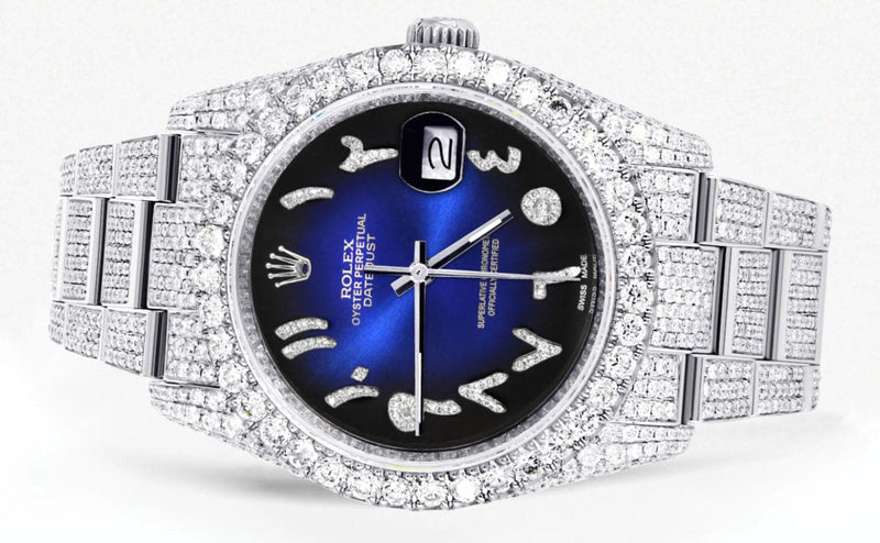 Iced Out Rolex Datejust 36 MM | Stainless Steel | 10 Carats of Diamonds | Blue Black Arabic Diamond Dial | Oyster Band