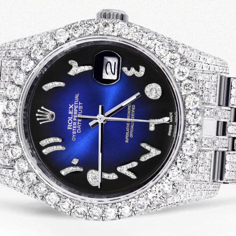 Iced Out Rolex Datejust 36 MM | Stainless Steel | 10 Carats of Diamonds | Blue Black Arabic Diamond Dial | Jubilee Band