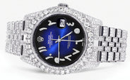 Iced Out Rolex Datejust 36 MM | Stainless Steel | 10 Carats of Diamonds | Blue Black Arabic Diamond Dial | Jubilee Band