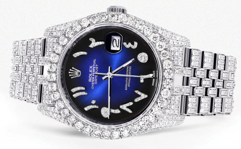 Iced Out Rolex Datejust 36 MM | Stainless Steel | 10 Carats of Diamonds | Blue Black Arabic Diamond Dial | Jubilee Band
