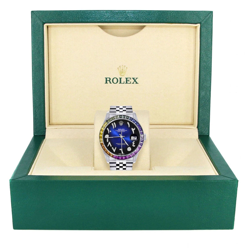 Diamond Gold Rolex Watch For Men 16200 | 36Mm | Rainbow Sapphire Bezel | Blue Black Arabic Numeral Dial | Jubilee Band