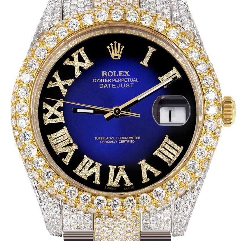 Diamond Iced Out Rolex Datejust 41 | 25 Carats Of Diamonds | Custom Blue Black Roman Numeral Diamond Dial | Two Tone | Two Row | Oyster Band