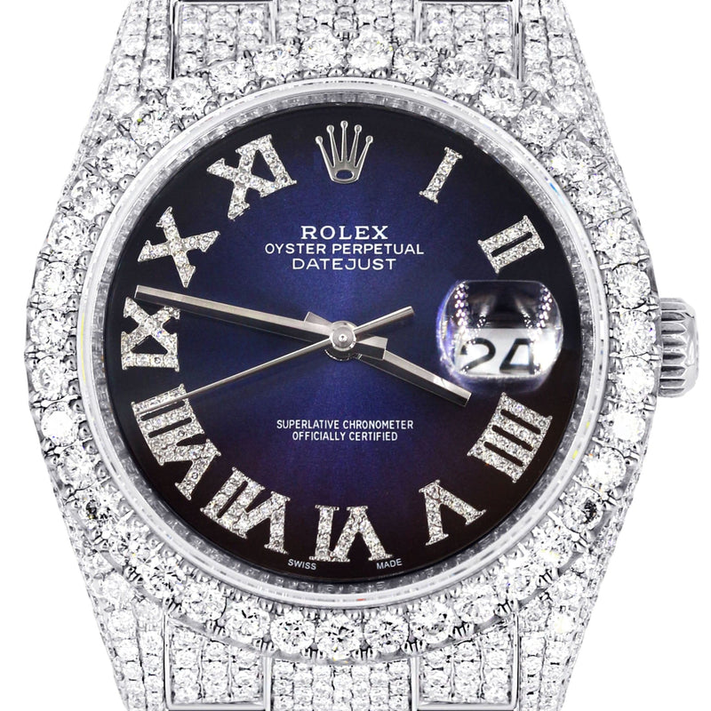 Iced Out Rolex Datejust 36 MM | Stainless Steel | 10 Carats of Diamonds | Blue Black Roman Diamond Dial | Oyster Band