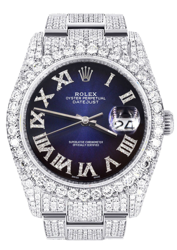 Iced Out Rolex Datejust 36 MM | Stainless Steel | 10 Carats of Diamonds | Blue Black Roman Diamond Dial | Oyster Band