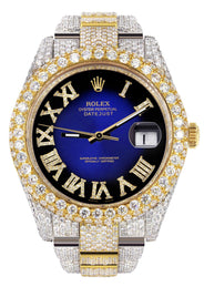 Womens Diamond Iced Out Rolex Datejust 41 | 25 Carats Of Diamonds | Custom Blue Black Roman Numeral Diamond Dial | Two Tone | Two Row | Oyster Band
