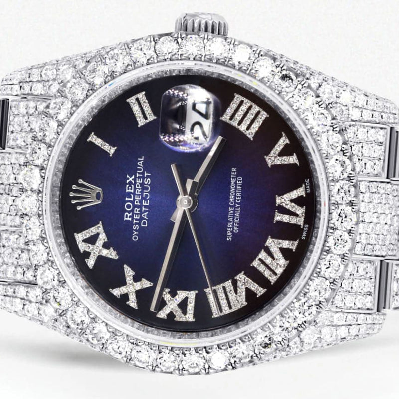 Iced Out Rolex Datejust 36 MM | Stainless Steel | 10 Carats of Diamonds | Blue Black Roman Diamond Dial | Oyster Band