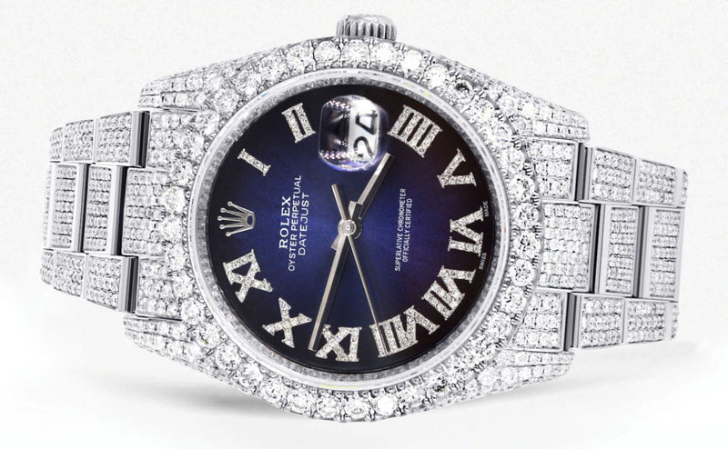 Iced Out Rolex Datejust 36 MM | Stainless Steel | 10 Carats of Diamonds | Blue Black Roman Diamond Dial | Oyster Band