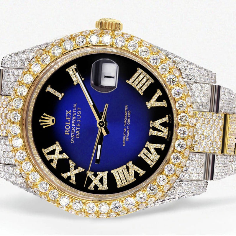 Diamond Iced Out Rolex Datejust 41 | 25 Carats Of Diamonds | Custom Blue Black Roman Numeral Diamond Dial | Two Tone | Two Row | Oyster Band