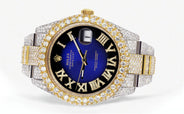 Diamond Iced Out Rolex Datejust 41 | 25 Carats Of Diamonds | Custom Blue Black Roman Numeral Diamond Dial | Two Tone | Two Row | Oyster Band